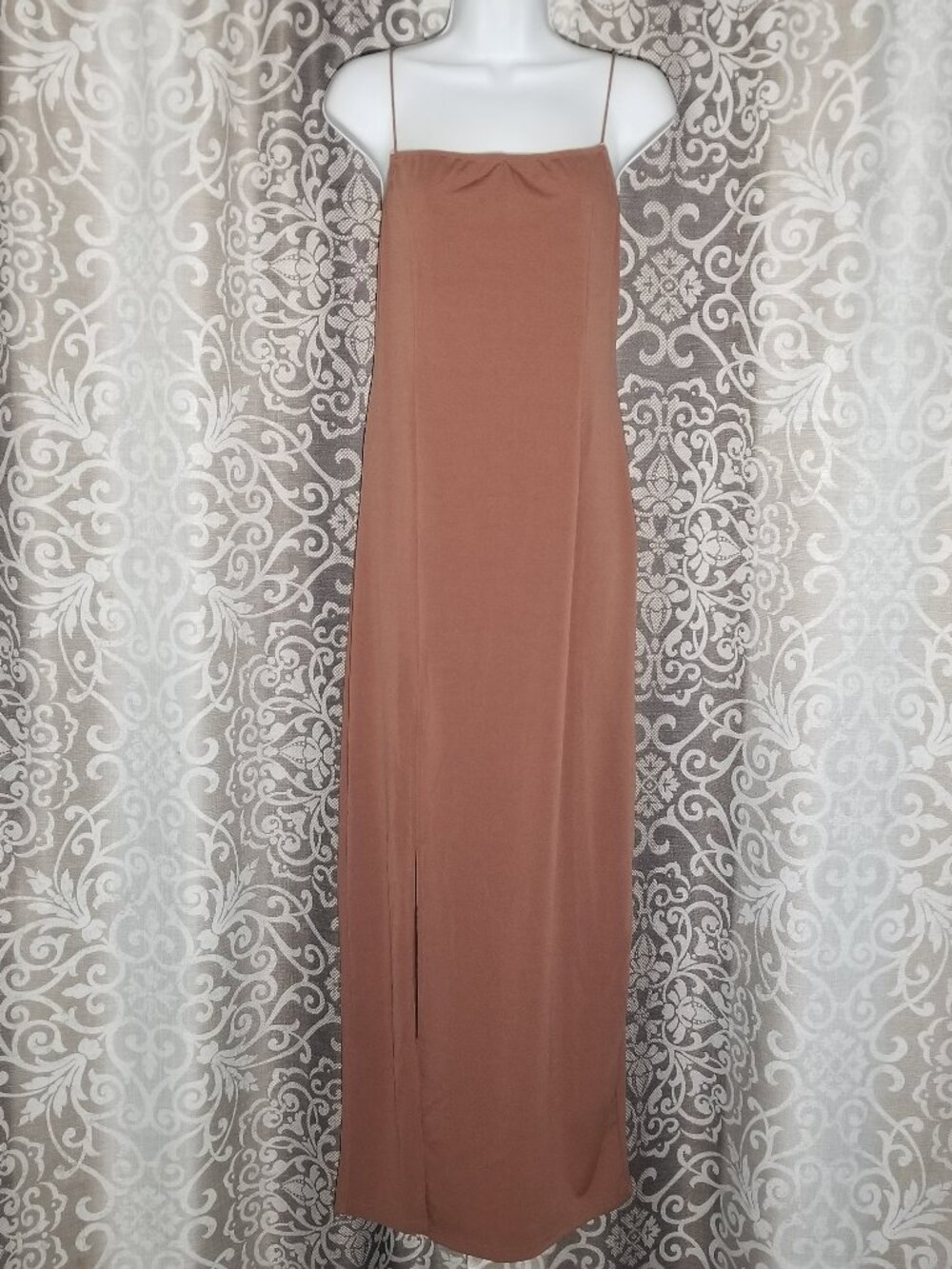 Zaful Women L 8 Casual Maxi Bodycon Dress Spaghetti Strap High Slit Brown Slinky